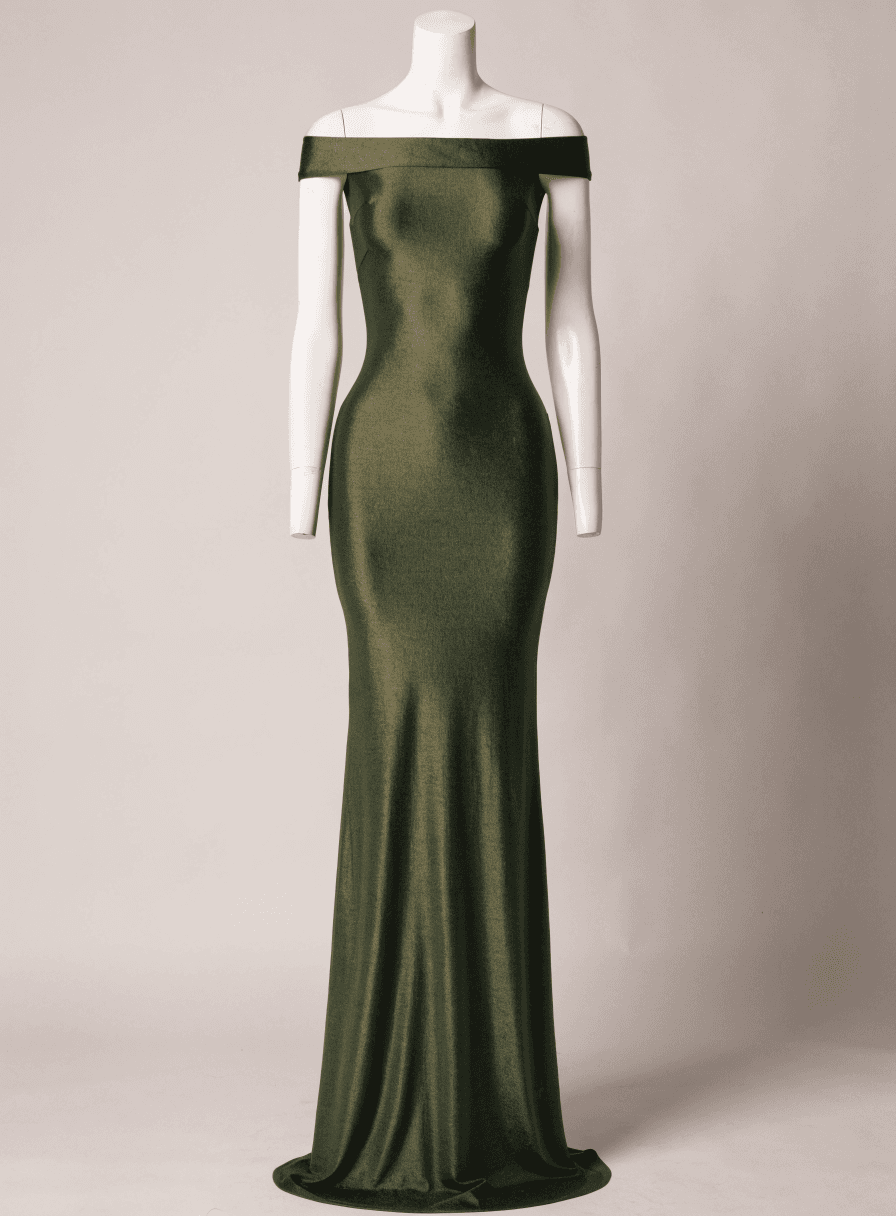 Vestido Verde Oliva Malha Grossa Ombro a Ombro Detalhe Cintura
