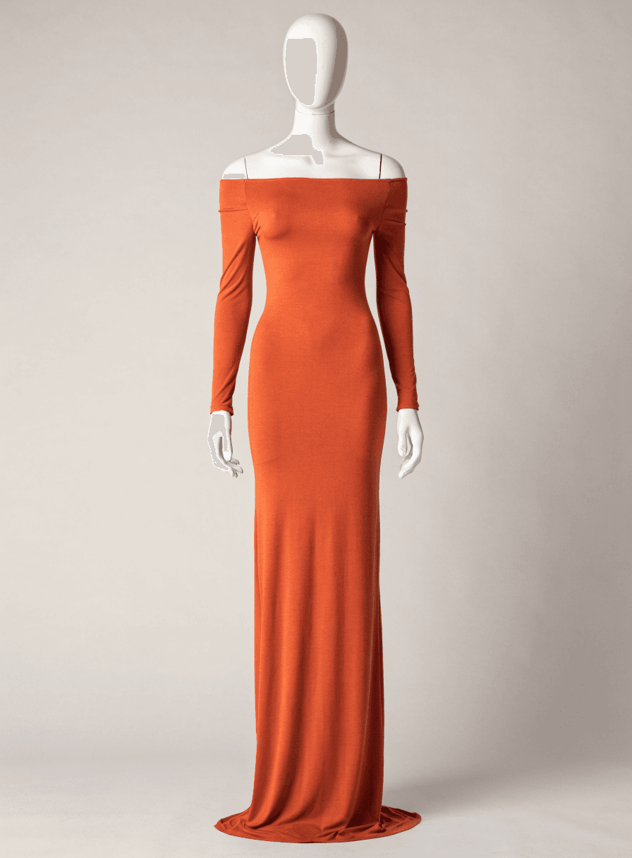 Vestido Terracota Malha Justo Drapedo Quadril Ombro a Ombro