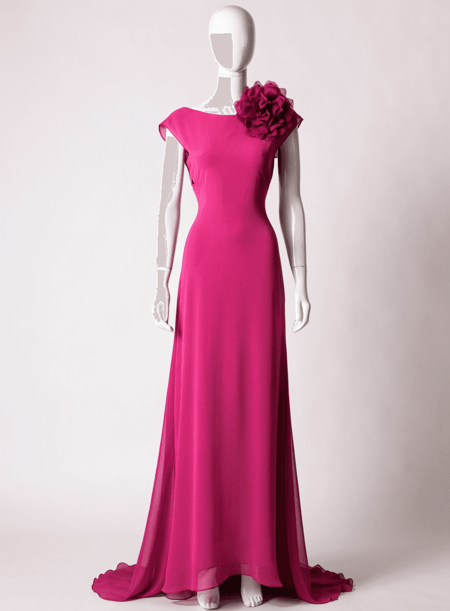 Vestido Magenta Chiffon Manga Nula e Flor Removível