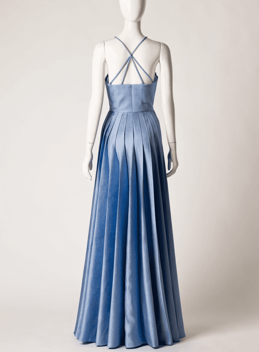 Vestido Azul Serenity Alfaiataria Tomara que Caia Saia Plissada Costas Trançadas