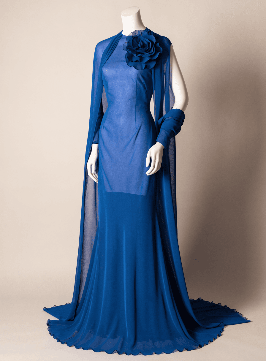 Vestido Azul Bic Chiffon Capa Sobreposta com Flor Removivel