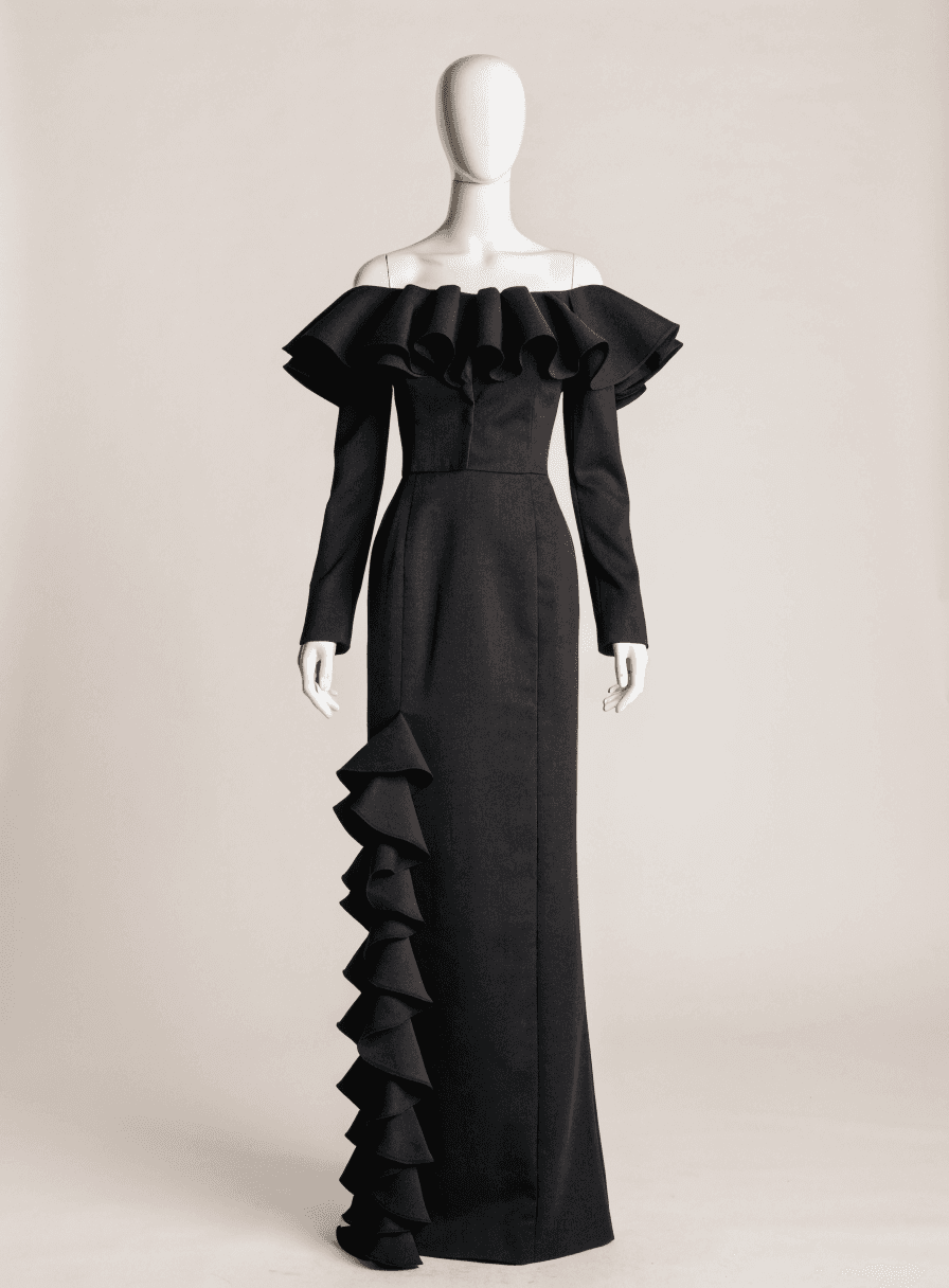 Vestido Preto Alfaiataria Ombro a Ombro Babado Perna Peb com Peplum