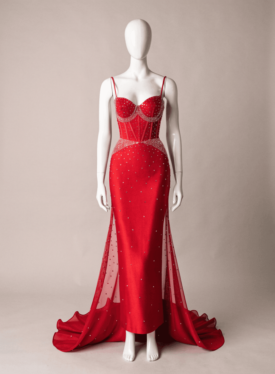 Vestido Vermelho Pedraria Decote Gato Corpo Corselet