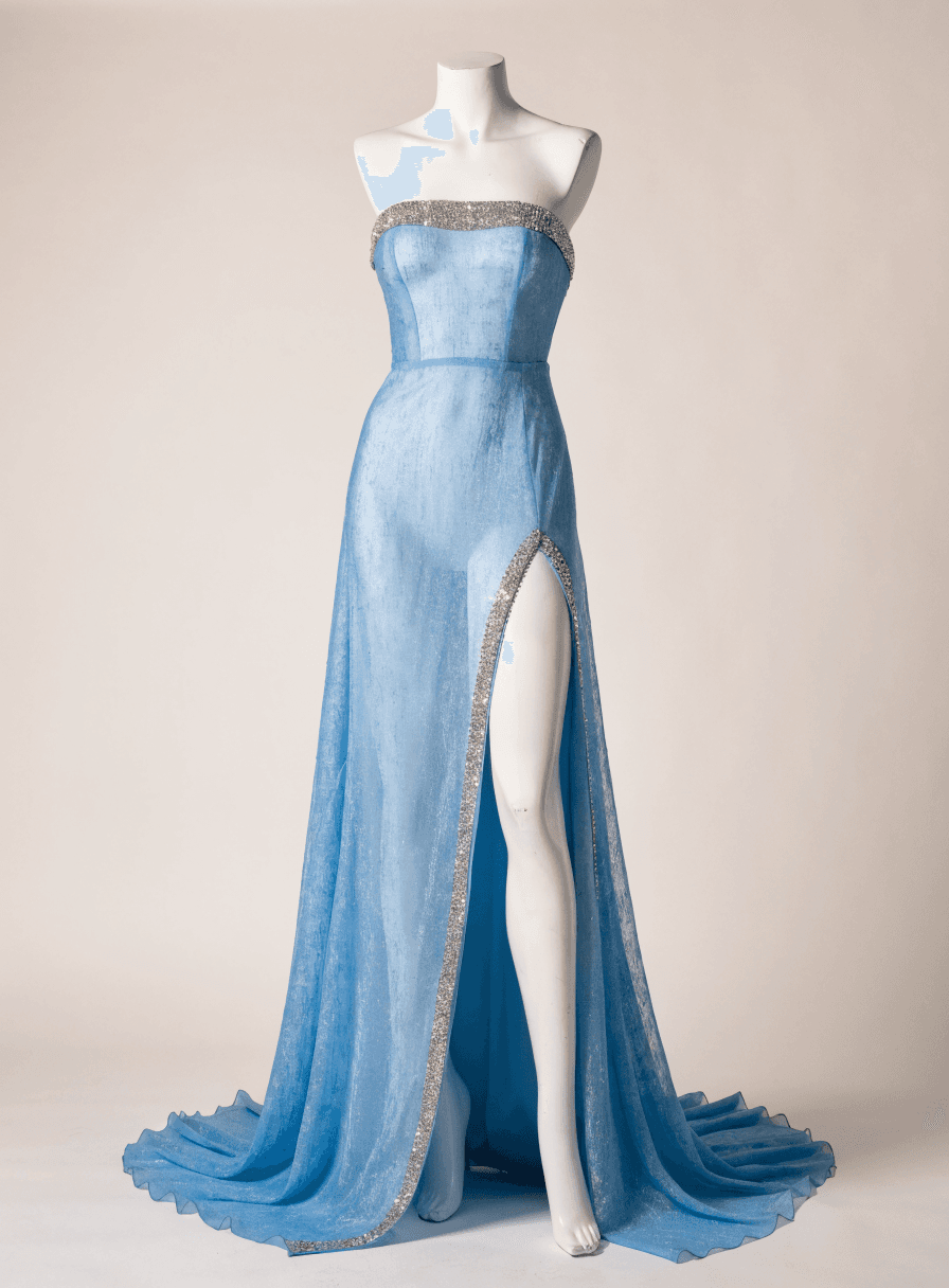 Vestido Azul Serenity Pedraria Tomara que Caia com Fenda