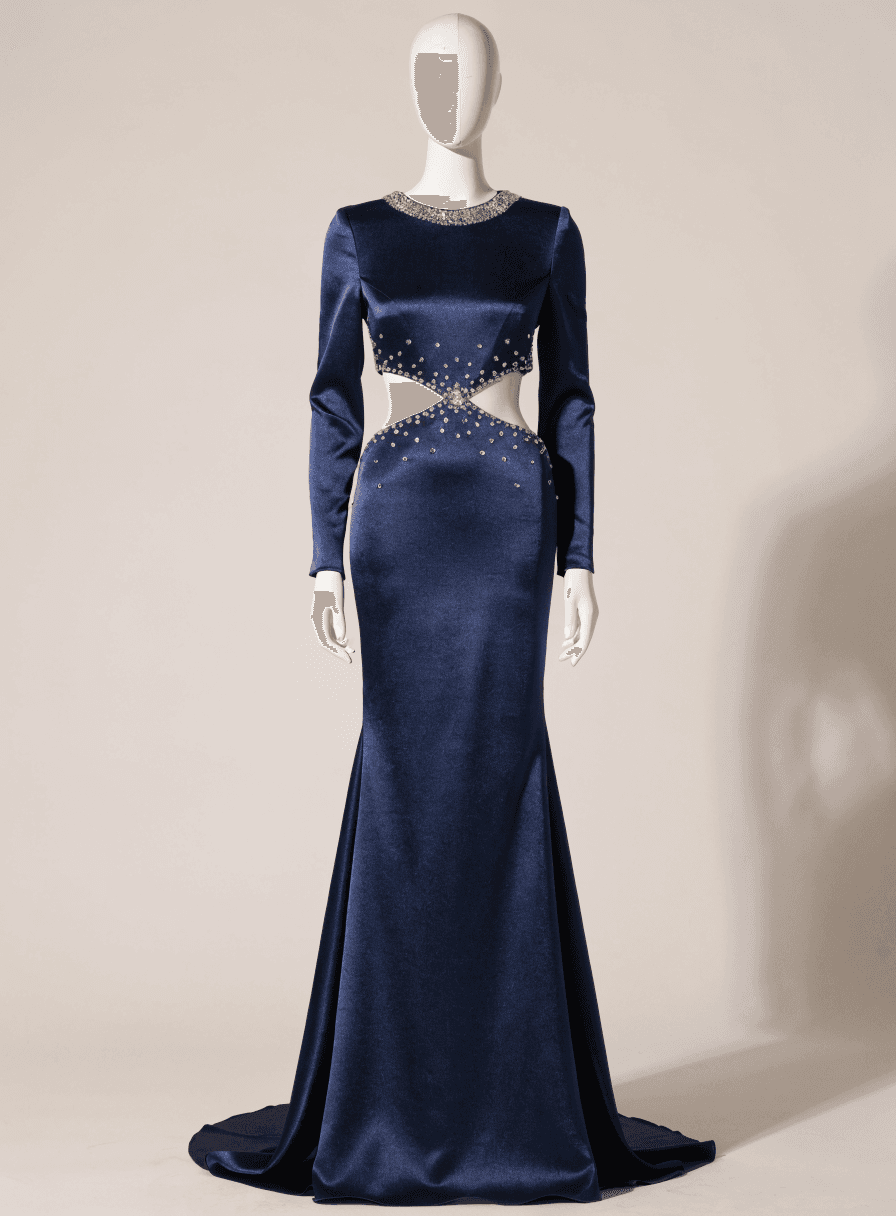 Vestido Azul Marinho com Verde Vazado na Cintura Pedraria Victória