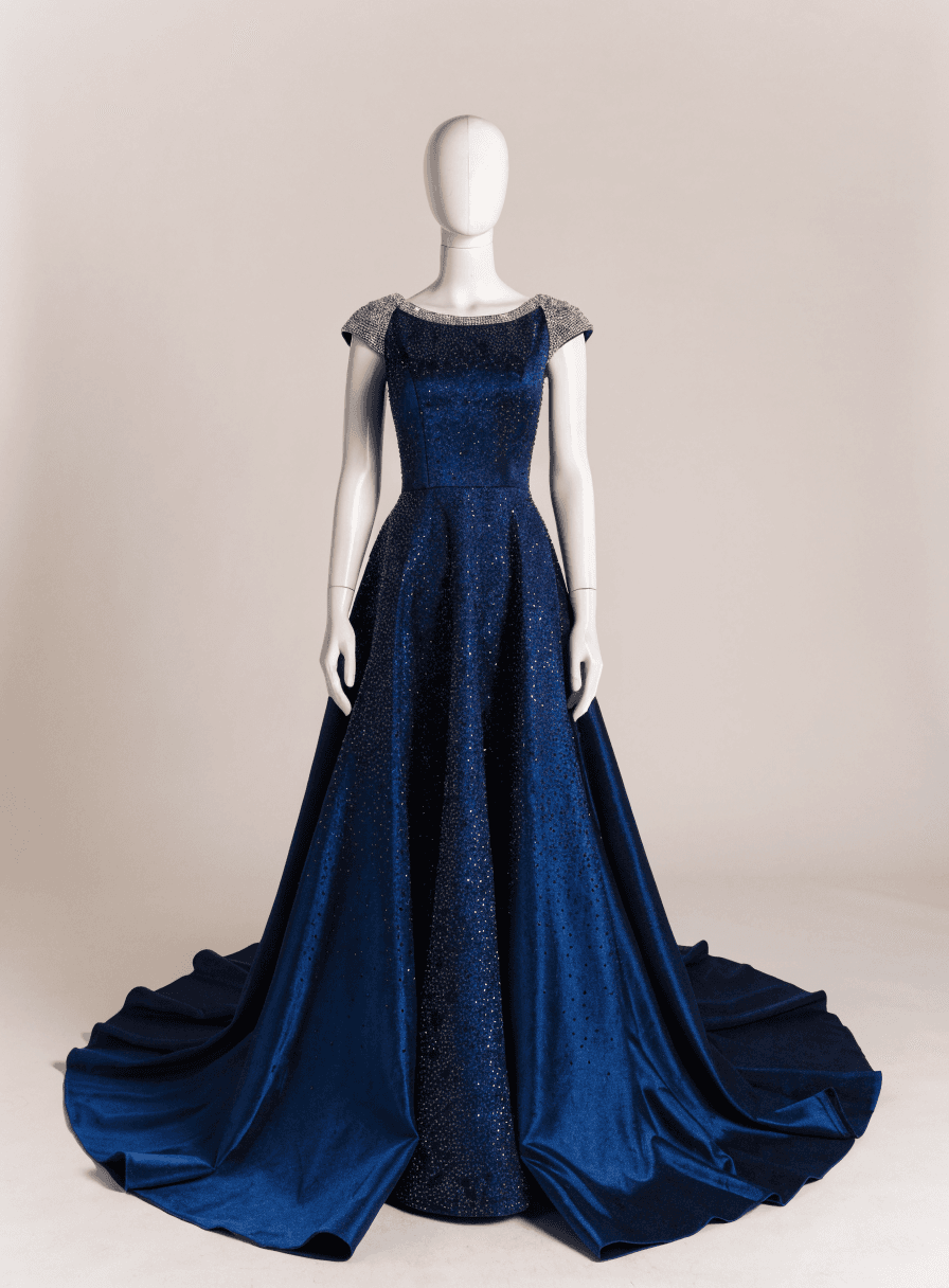 Vestido Azul Marinho Pedraria Manga Nula Saia Ampla