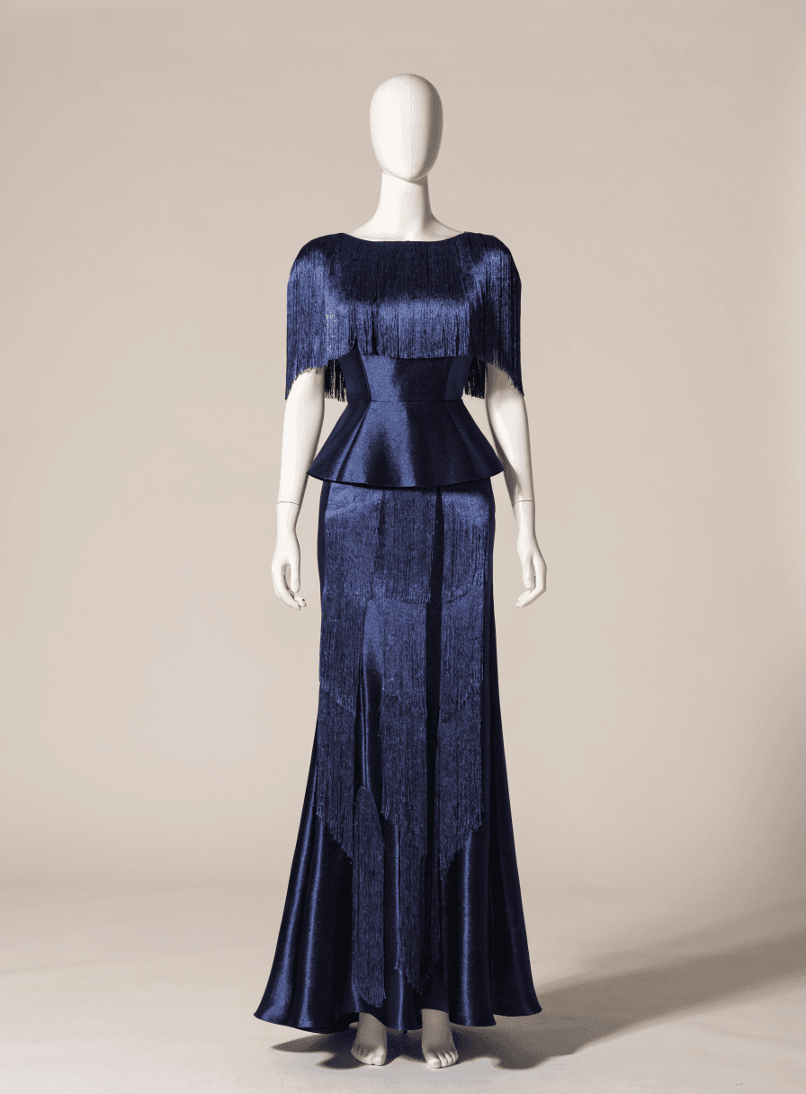 Vestido Azul Marinho Manga Nula de Franja