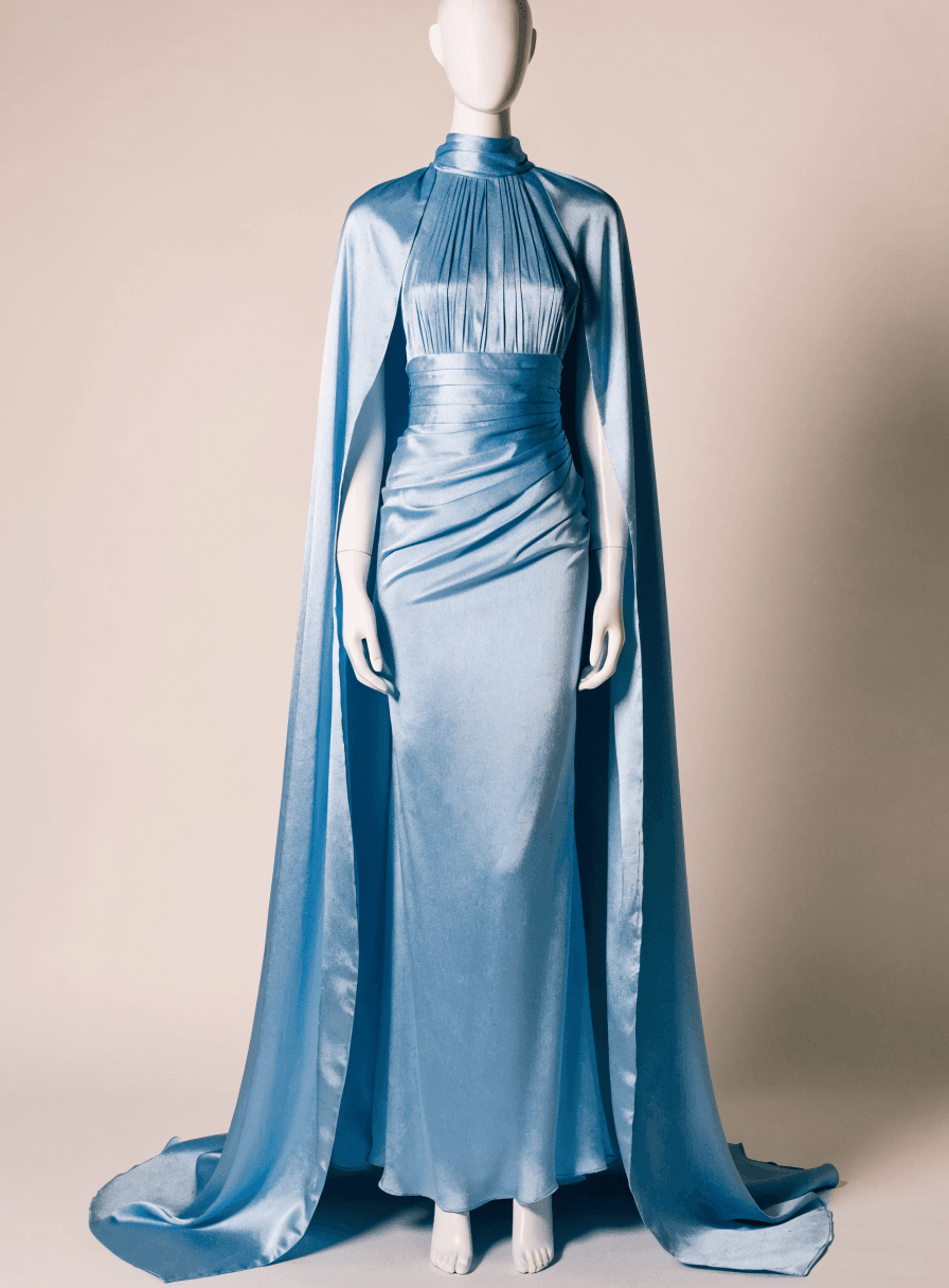 Vestido Azul Serenity com Capa Tecico Brocado
