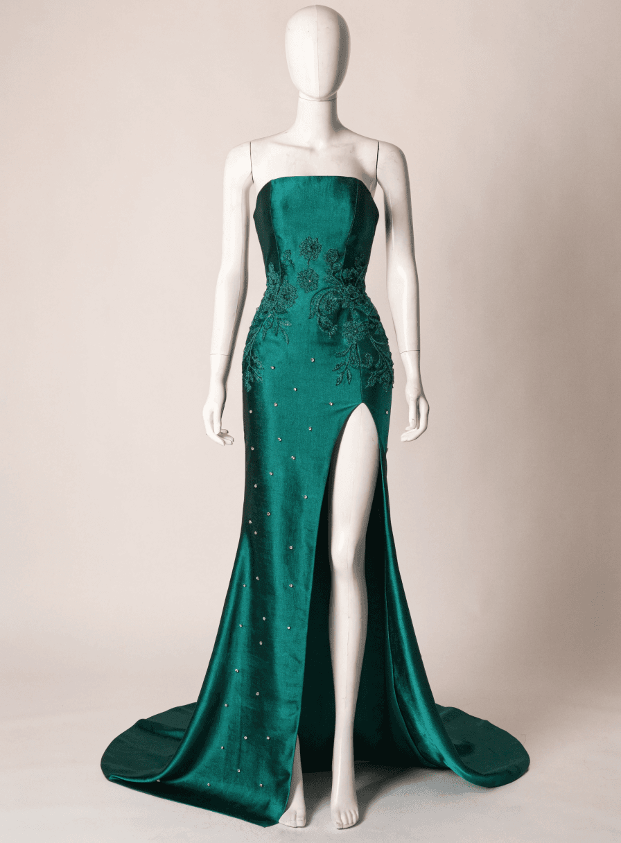 Vestido Verde Esmeralda Tomara que Caia Corselet Fenda Bordado de Strass