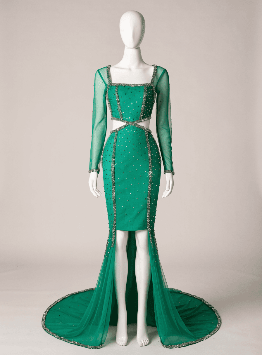 Vestido Verde Bandeira Strass Vazado Tule Verde Justo